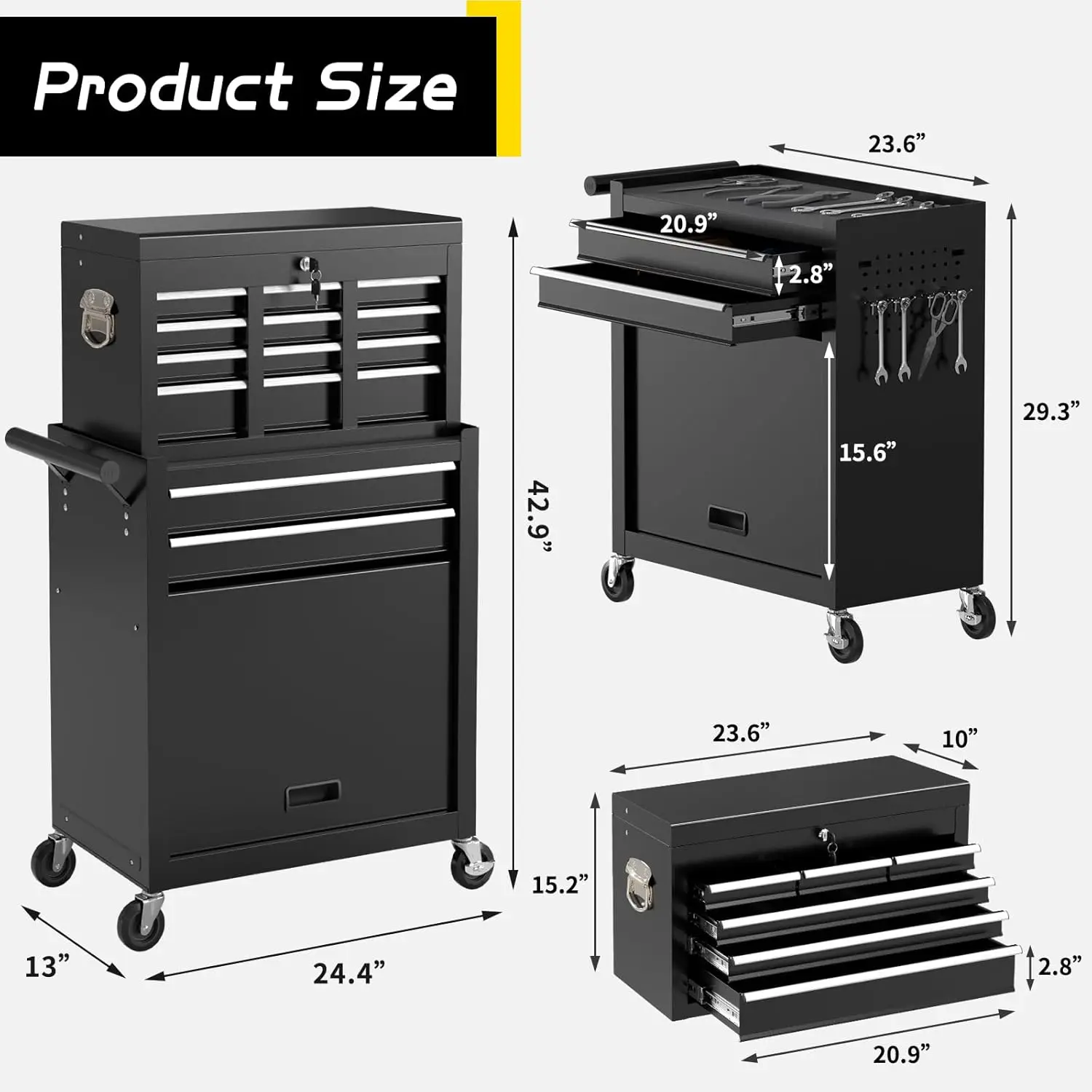 8 Drawer Rolling Tool Chest Large Capacity Rolling Tool Box with Wheels Locking Mechanical Tool Chest Portable Metal (Black) 3