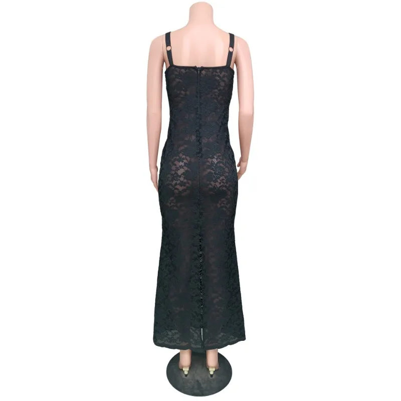 Lace Black Dress Female Slim Hollow Out Spaghetti Backless Dress Elegant Party Evening Gown Split Women Maxi Dress Summer