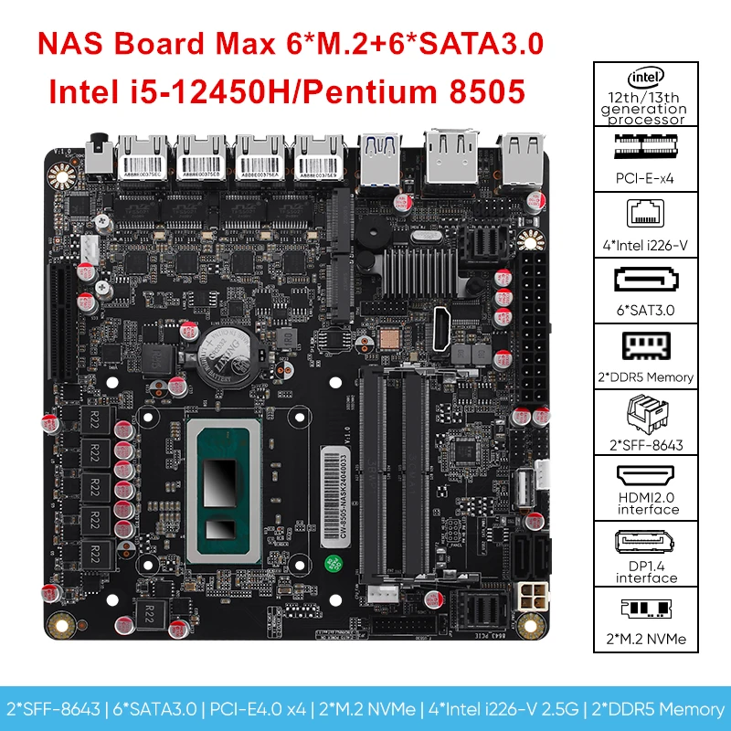 Super Deal Intel Core i5-12450H Pentium 8505 six-Bay NAS Monster Board/4 Network 2.5G/6 SATA3.0/2 M.2 NVMe/ Radiator ITX Board 5