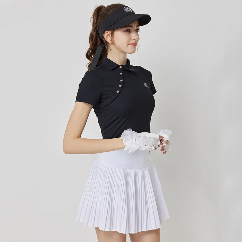 Blktee Women Short Sleeve Golf T-shirt Retro Stand Collar Top Lady Anti-light Pleated Skirt Soft High-waisted Culottes Golf Sets