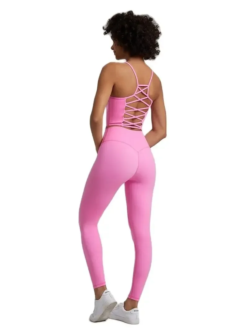 Lemon Gym Fitness Yoga Set Legging Back Cross Sport Bra Top 2pc Suit Comprehensive Training Jog Womencutout Tie Round Neck