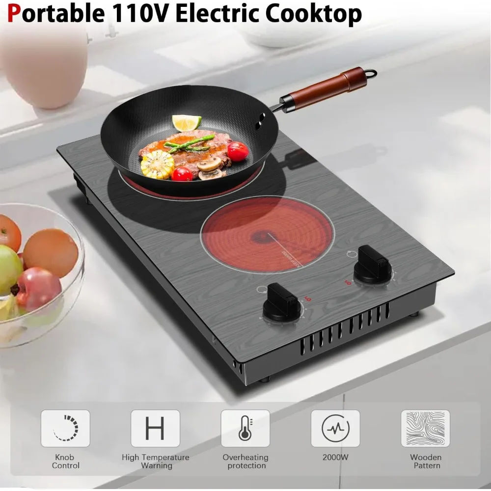 Electric Cooktop 2 Burners, 110v Portable Electric Stove Top with Knob, Glass Cooktop, Beautiful Woodgrain Pattern, Built-in