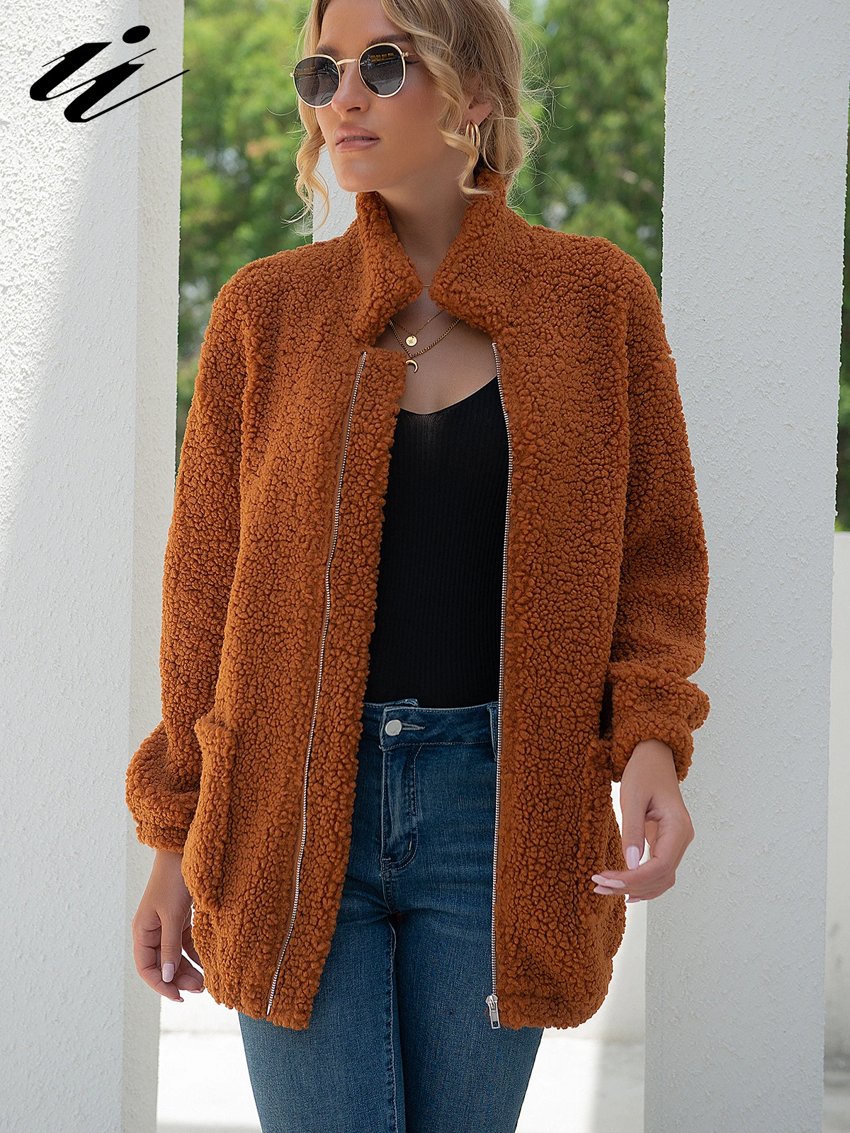 

II Faux Wool Blends Women Warm Coat Autumn Winter Zipper Outerwear Fashion Overcoats Female Chic Solid Short Streetwear Coats