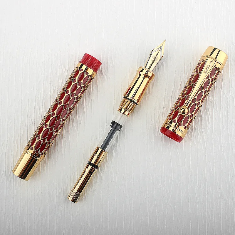 New Jinhao Hollow Out 100 Fountain Pen 18KGP Golden Plated M Nib 0.7mm Resin Ink Pen with A Converter Business Office Gift Pen