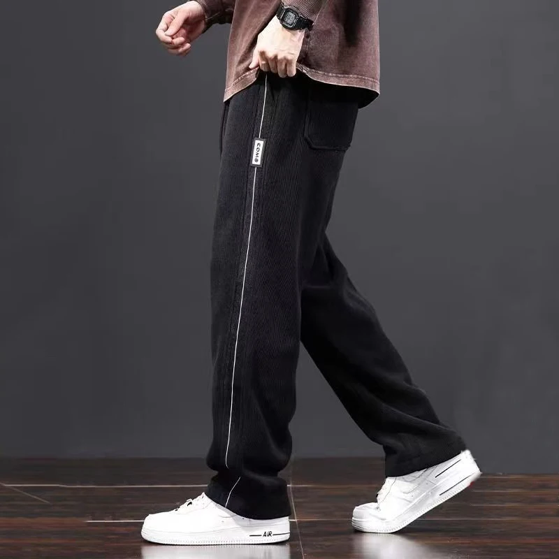 Spring Autumn New Fashion Casual Pants Men Solid Striped Elastic Waist Patchwork Drawstring Pocket Versatile Straight Trousers