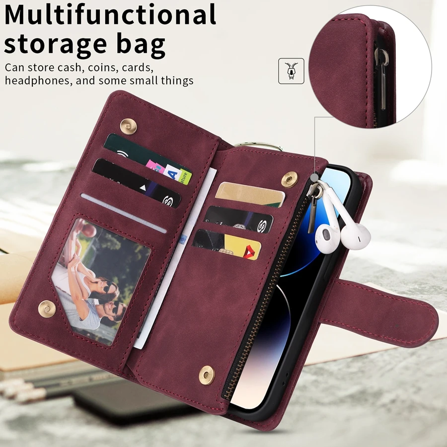 Luxurious Multi-Card Zipper Magnetic Flip Leather Wallet Case