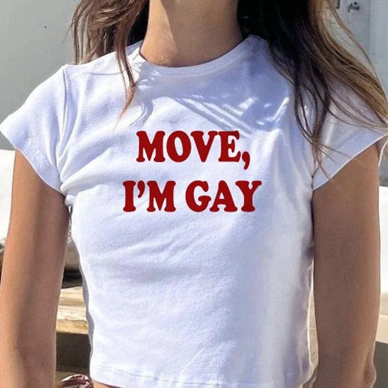 

Забавные женские укороченные топы в стиле 1920-х с надписью Move I'm геев, кавайная детская футболка в стиле Харадзюку, Y2k, женские футболки, феминистская футболка для женщин