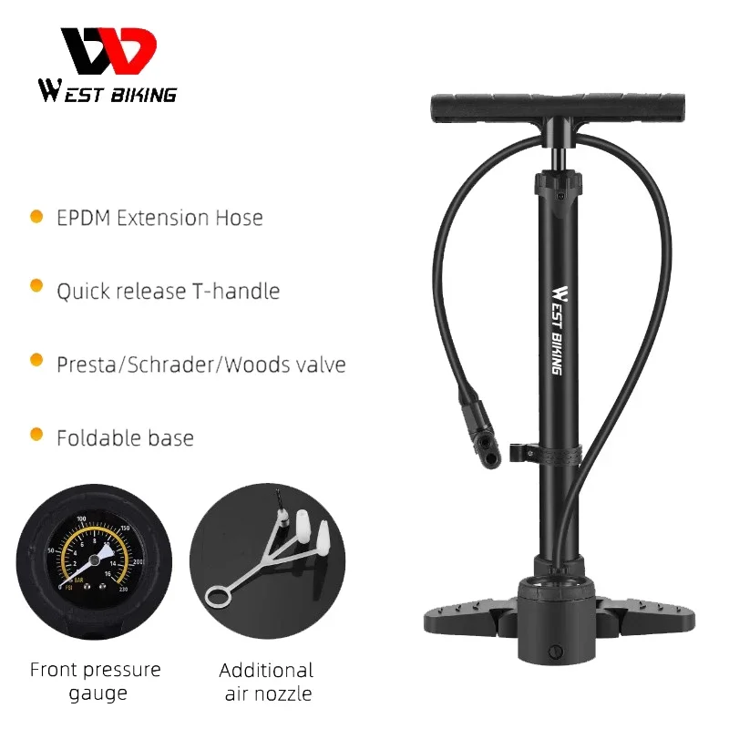 

WEST BIKING 230PSI High Pressure Floor Pump With Air Gauge Foldable Base Tire Inflator Schrader/Presta Aluminum Alloy MTB Pump