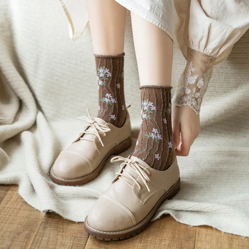 

Coffee Floral Kawaii Cute Sock Embroidery Frilly Ruffle Sock Fashion Harajuku Korean Lovely Crew Sock Japanese Style Women Girl