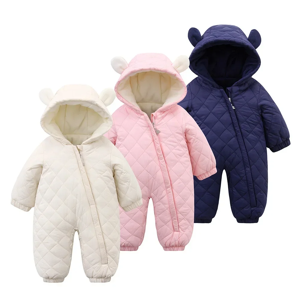 Winter Jumpsuit For Kids Plus Velvet Warm Hooded Newborn Baby Romper 0-2 Years Infant Girl Winter Overalls Baby Outfits