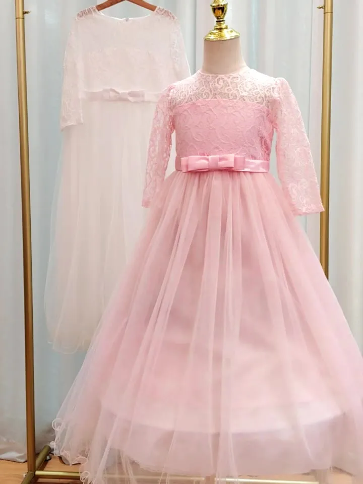 Odizli Abito Da Bambina Con Pizzo E Tulle - Lungo, Maniche 3/4, Per Matrimonio, Comunione, Compleanno - Bianco Arcobaleno (9-10 Anni)