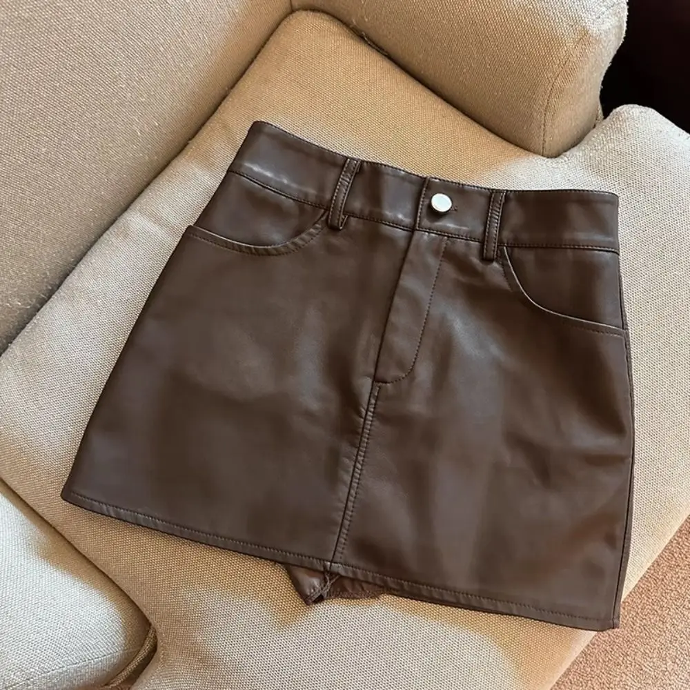Korean Style Zipper PU Leather Skirt Solid Color Retro High Waist A-line Skirt Slim Fit Autumn Winter Short Mini Skirts Girls