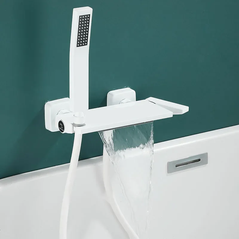 Description Picture 3 of itemWhite Bath Faucet Set Wall Mounted Gray Waterfall Bathtub and Shower Mixer Black Bathroom Taps Brass