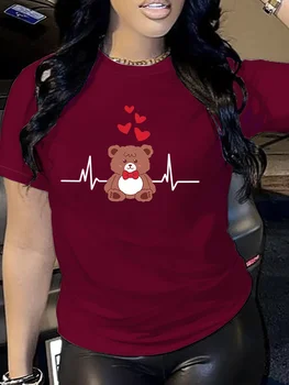 Teddy Bear Heartbeat Women's Tee - Cute Love Graphic, Casual Burgundy Top 1