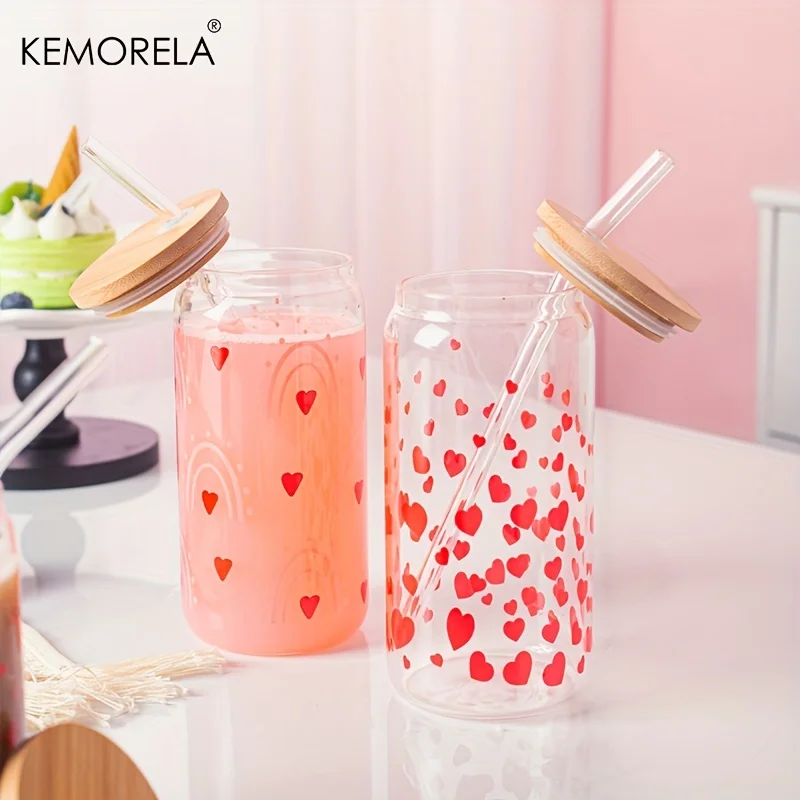 Drinking Glasses Set 1PCS Heart Shape Printed Coke Glass Tumbler With Bamboo Lid Straw Milk Beer Can Romantic Valentine's Day Glass Tumbler Gift