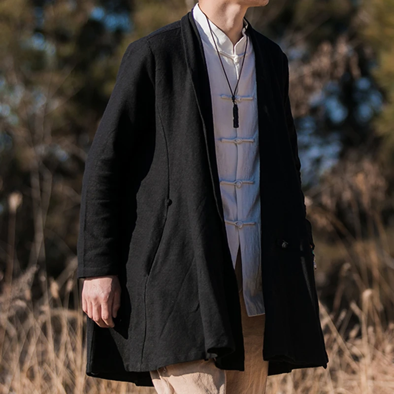 Chinese Traditional Dress Loose Plus Size Medium Length Cape Hanfu Men Clothing Oversize Cardigan Tai Chi Kung Fu Coat Male