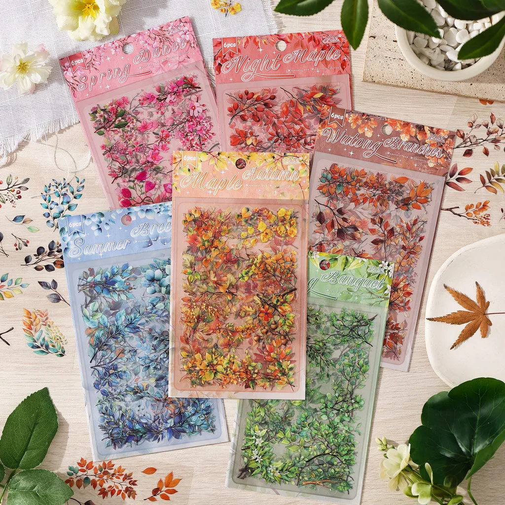 Journamm 6 시트 가지 잎 스티커 PET 소재 핸드 계정 스티커 Scrapbooking Junk Journal Diary 용 식물 꽃
