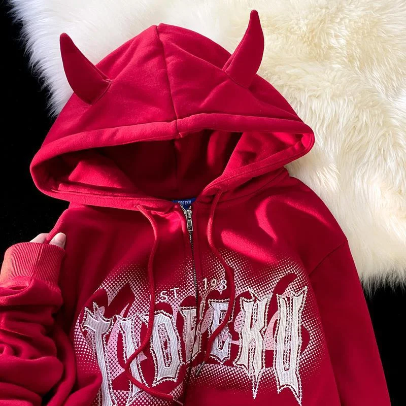 Devil Horn Zip Hoodie | Devil Oversized Hoodie | Kawaii Devil Hoodies |  Devil Zip Jacket - Hoodies u0026 Sweatshirts - Aliexpress