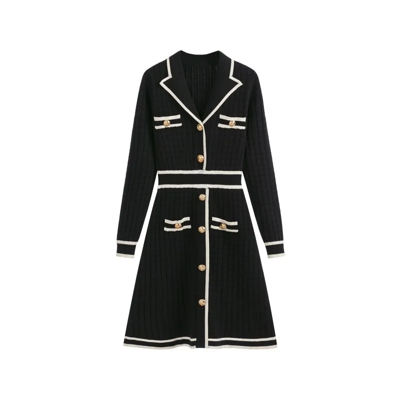 

Spring 2023 style lady's small dress Slim long sleeve A-line knit dress Black Classic Pocket Single breasted Women's Dress