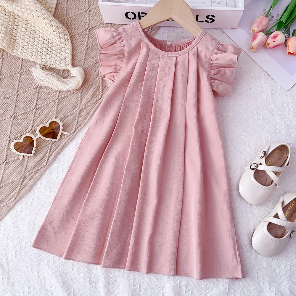 

2024 Summer New Arrival Girls Sleeveless O Neck Ruffles Pink Designer Cute Party Princess Dress Custume 3-7T