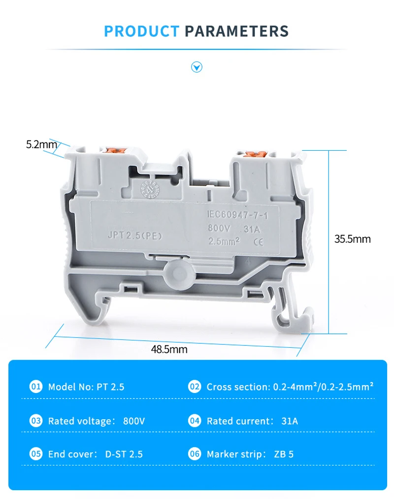 10Pcs Din Rail Terminal Block PT-2.5 Push In Terminal Connector Spring Screwless Electrical Wire Conductor Terminal Block PT2.5 6