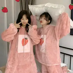 Winter Nightgown Cute Hooded Strawberry Autumn Pajamas Set Female Loose Thick Pajamas Sleepwear Robe Sets Night Gown Sleep Tops
