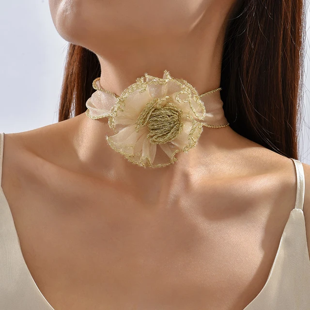 Chic Grenadine Flower Ribbon Collar Choker Necklace – ArtGalleryZen