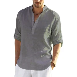 Men's Casual Cotton Linen Long Sleeve Blouse - Stylish & Comfortable Spring/Autumn Top - US S 50-60 KG (GRAY)