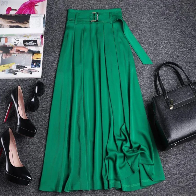 

Elegant Office Lady Green Long Skirt for Women 2023 Summer Korean Simple Solid A Line Belt High Waist Midi Skirt Female Z507