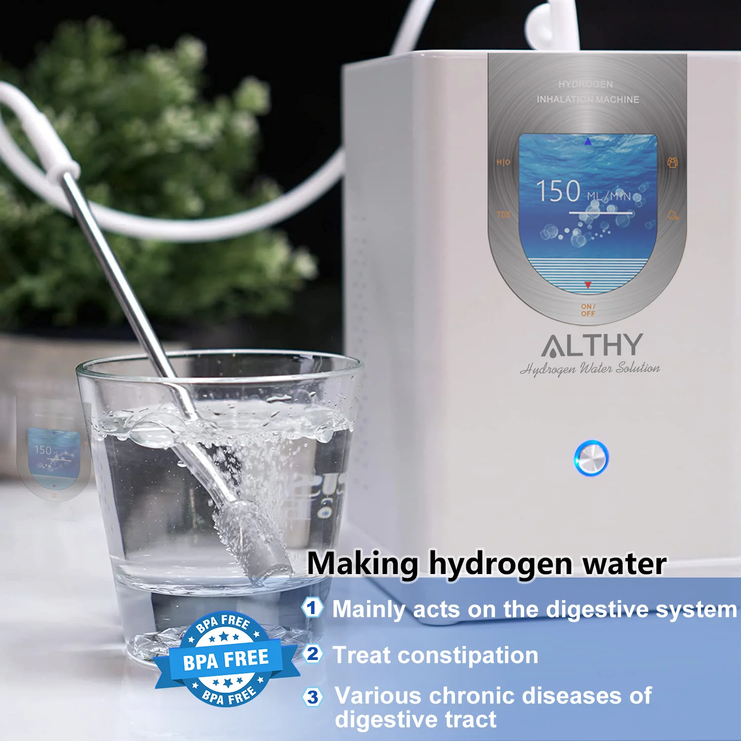 ALTHY 수소 흡입 기계 및 수소수 발생기, 99.99% 고순도 저소음 H2 흡입 SPE/PEM, 150ml/분 