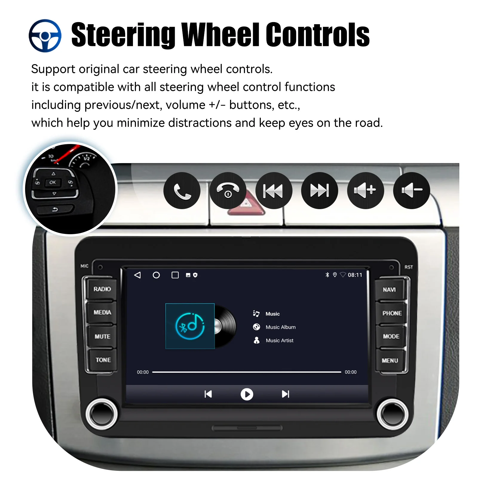 ESSGOO 7" Android 14 Car Radio for VW Caddy Life 2K Facelift with Rear View Camera and Brake Light Carplay Android Auto FM WIFI