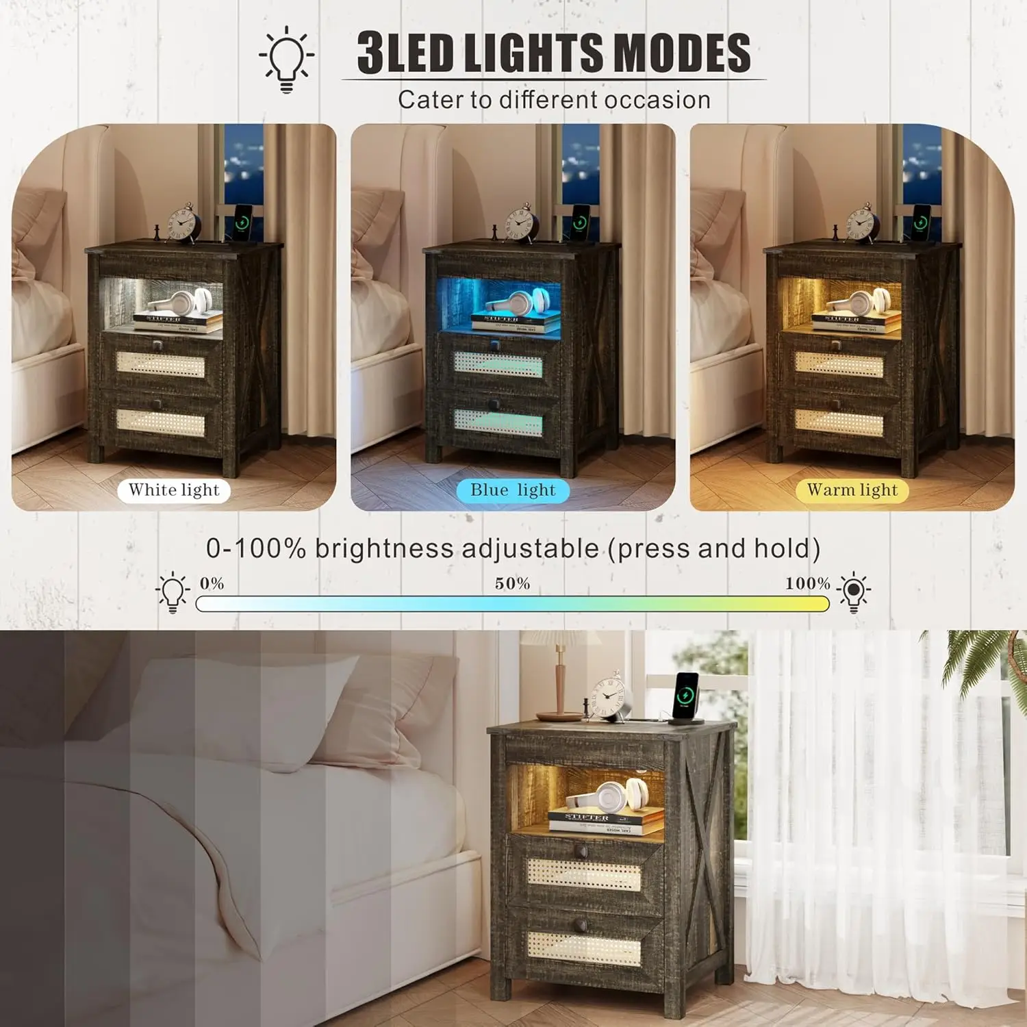 Farmhouse LED Nightstand with Hidden Storage 5