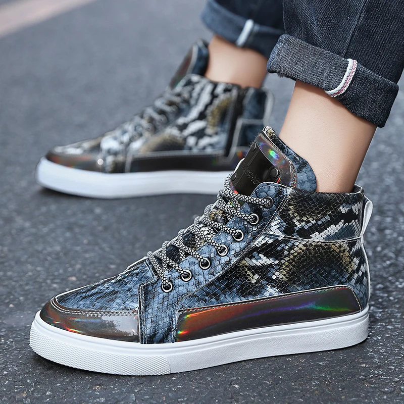 Silver Snaker Leather Men Brand Sneakers Trendy Zippers Design Mens Vulcanized Sneakers Leather Glitter Men High Top Sneakers 6