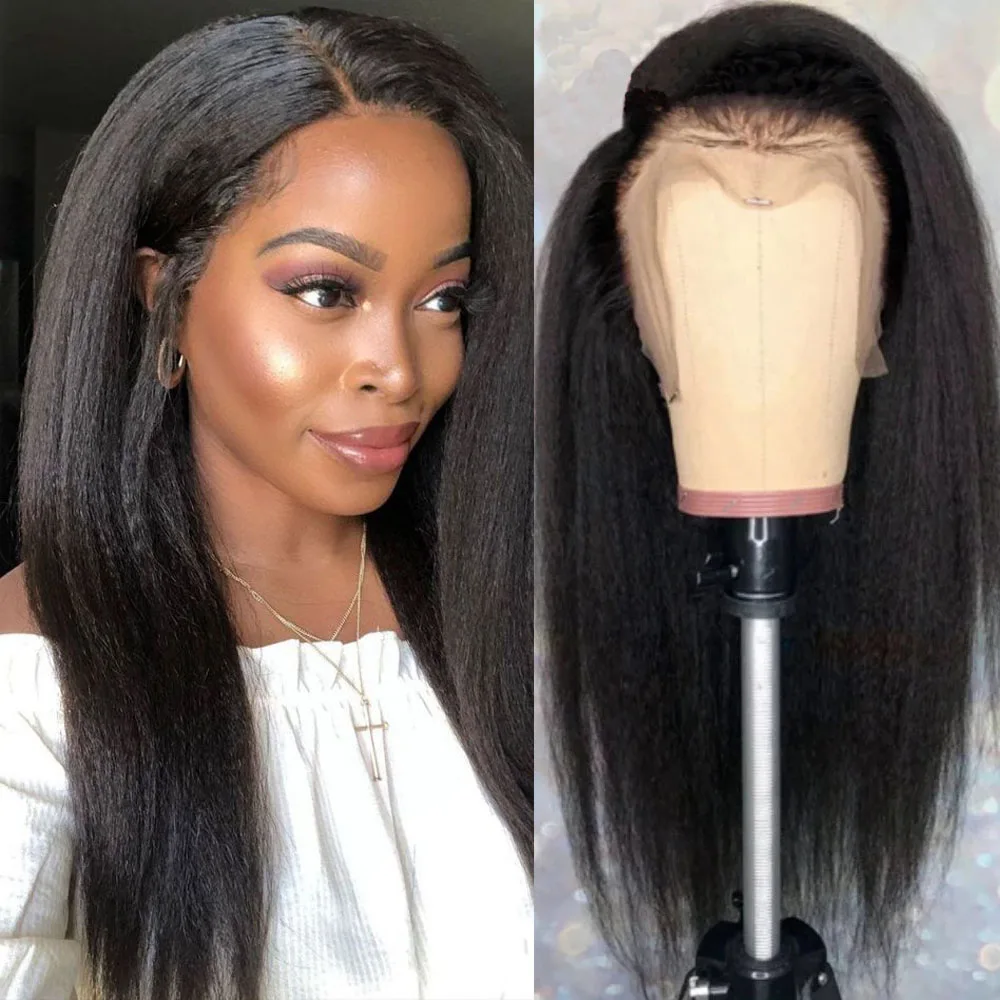 

RONGDUOYI Long Yaki Straight Black Hair Synthetic Wig Natural Long Straight Fiber Glueless Hair Lace Front Wigs Daily Women Use