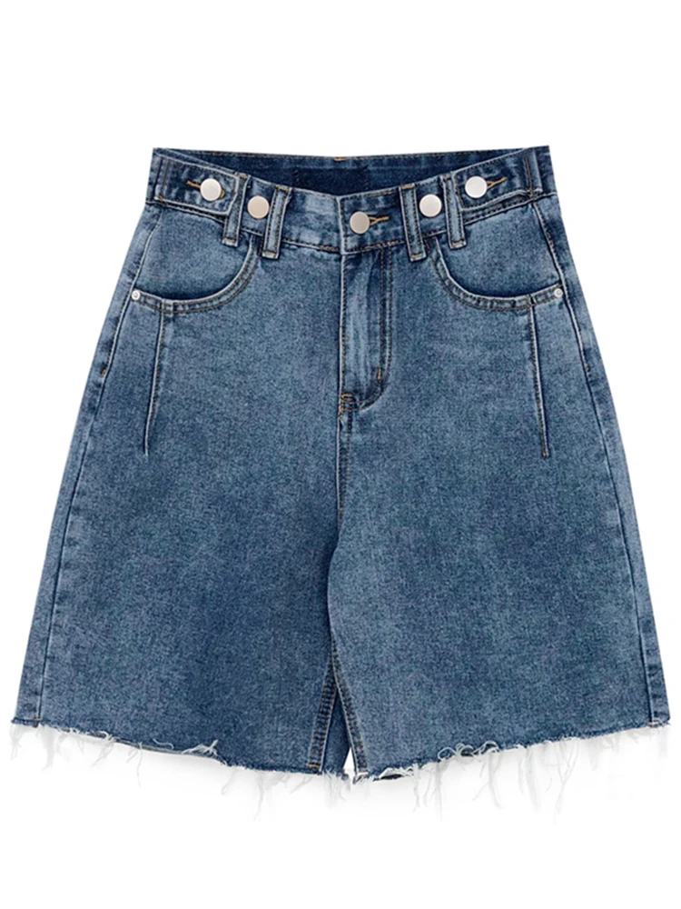 Ailegogo New Spring Summer Retro Women Tassel Loose Denim Shorts Streetwear Female Wide Leg Button Frayed Jeans Shorts Bottoms plus size clothing