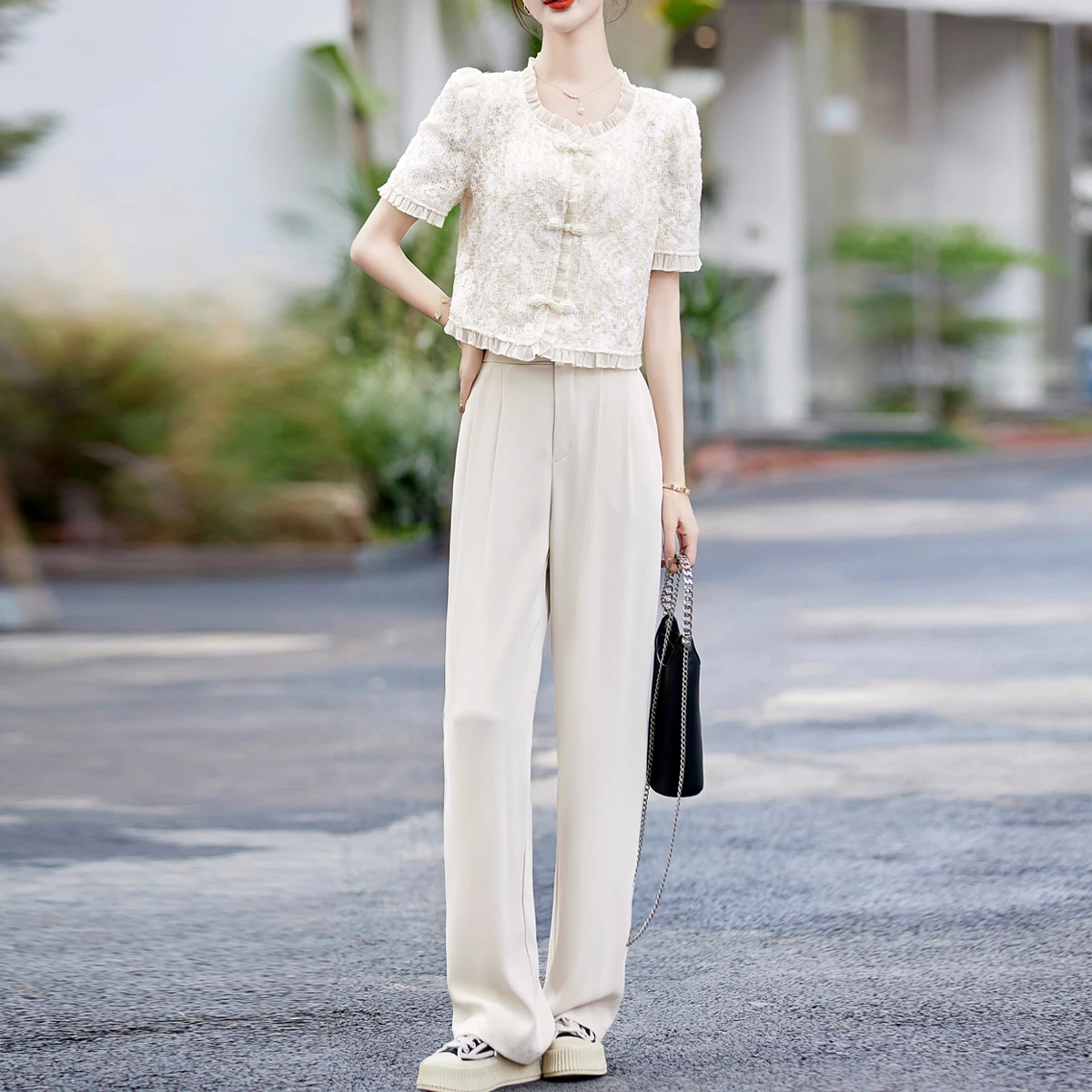 

Summer New Small fragrance 2-Piece Suits Women Elegant Short Sleeve Lace Blazers Coats Top & Wide Leg Pants Korean OL Casual Set