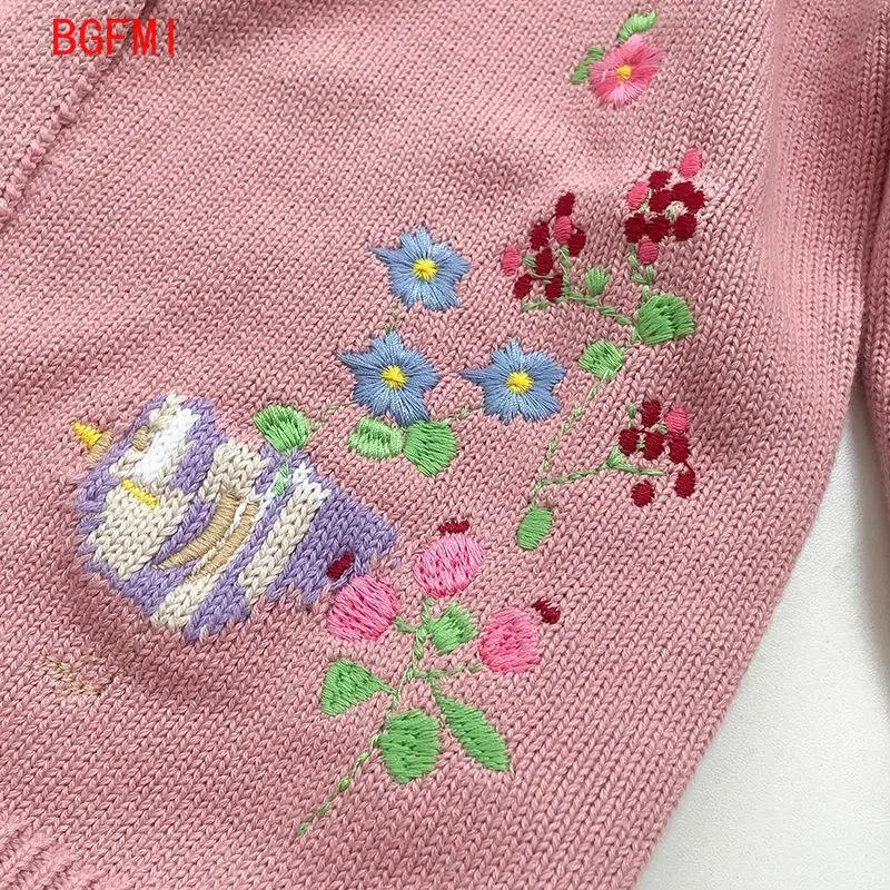 2-9세 아동용 가디건 여아용 핑크 토끼 자수 러플 라운드 넥 2025 아동용 플리스 안감 스웨터 니트 상의