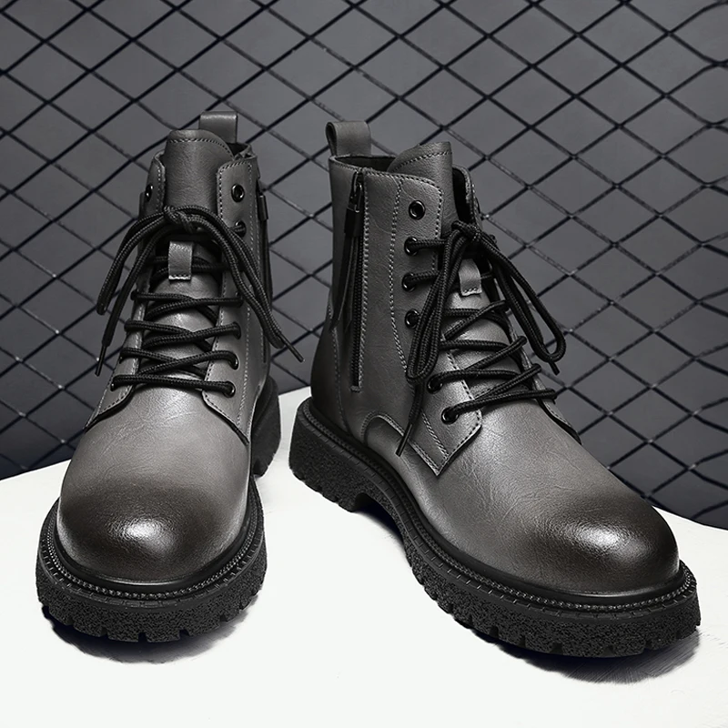 Mens Ankle Boots Winter Hiking Motorcycle Boots Casual Fashion Low-heeled Genuine Leather High Top Black Warm Cotton Shoes