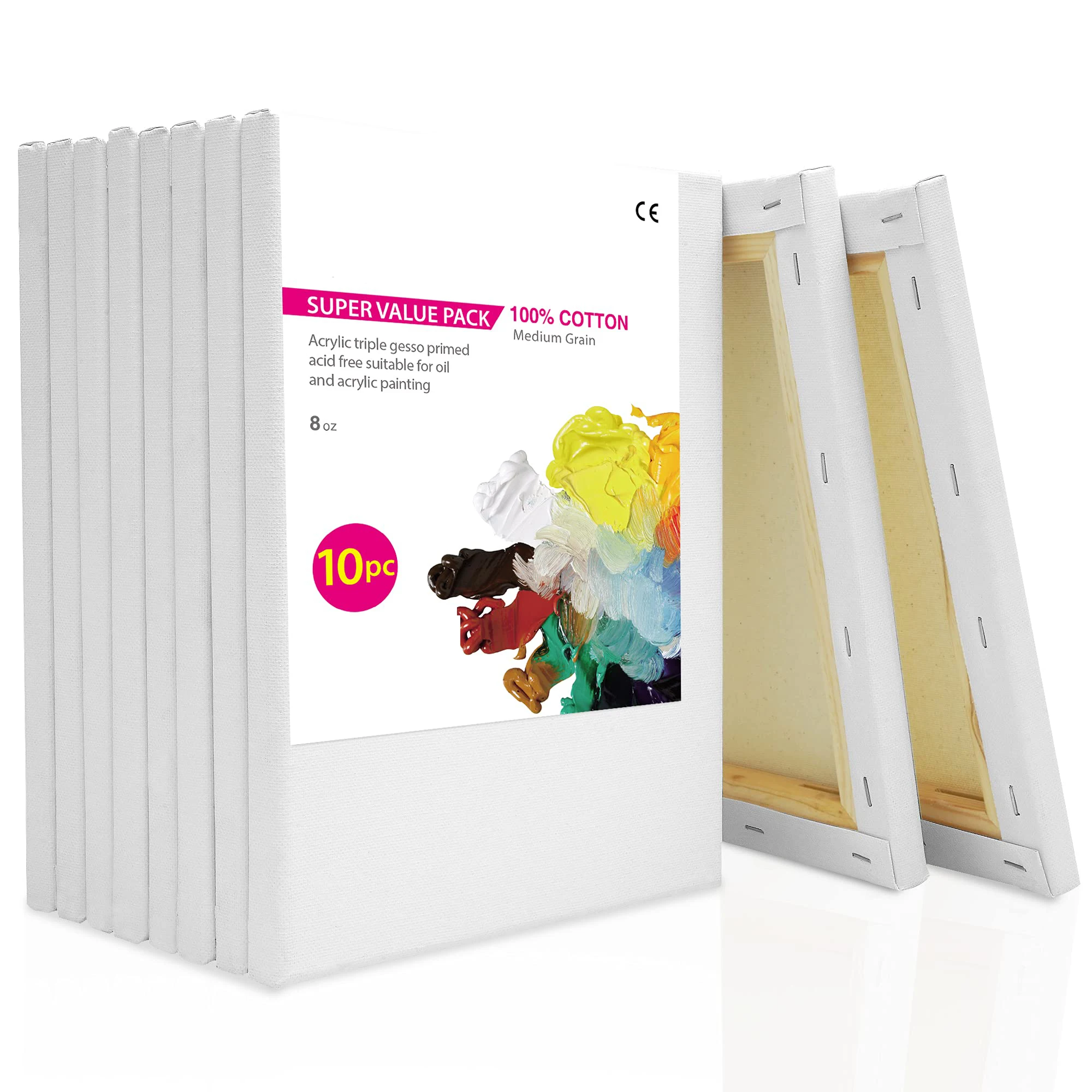 10PCS/SET Cotton White Blank Canvas Square Framed Canvas for Oil Acrylic & Pouring Art Stretched for Artists,Kids