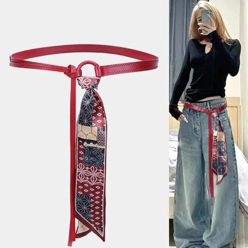 Y2K Punk Mädchen Schal-Taillengürtel Retro PU-Leder Damengürtel Böhmischer Stil Seidenschal Taillenband Trendige Jeans-Kleid-Dekoration – Detail 2