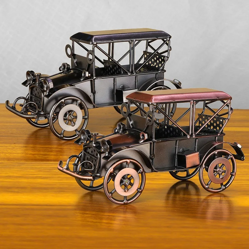 Handmade Silvery Grey or Red Bronze Old Car Restore Car Figurine Retro Model Metal Vintage Vehicle Model Boy Gift Home Decor