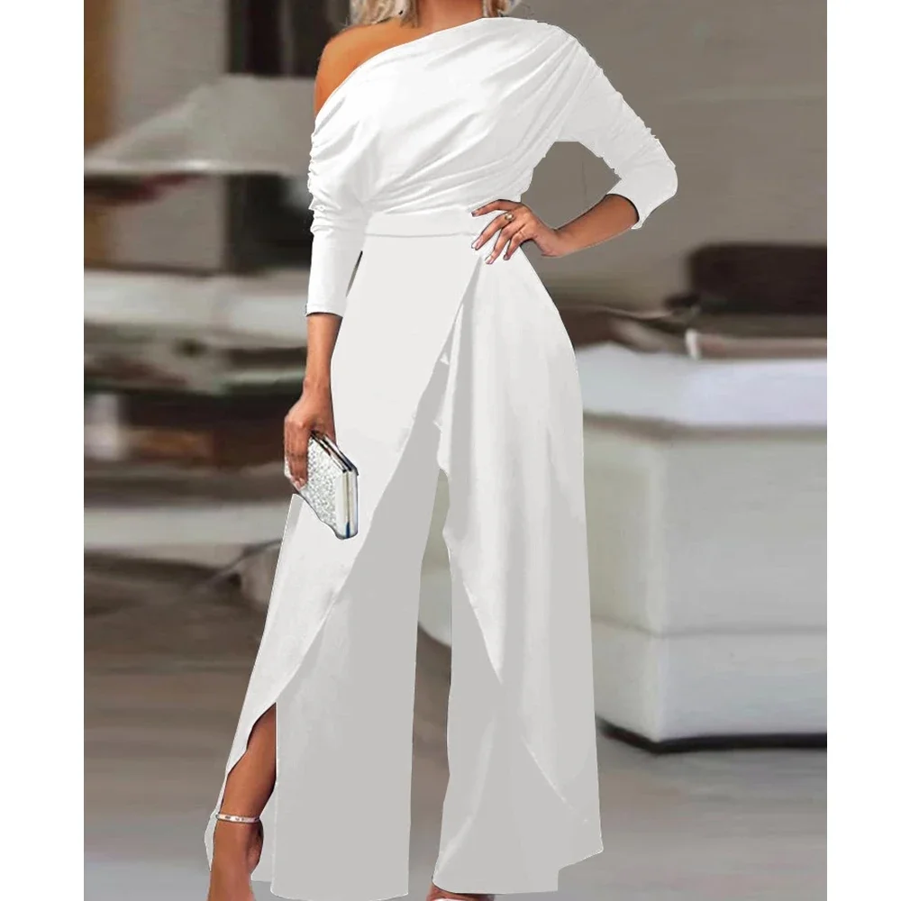 

Wepbel Long Sleeve Rompers One-Shoulder Formal Ruched Elegant Party Jumpsuit Women Cold Shoulder Split Hem Wide Leg Jumpsuit