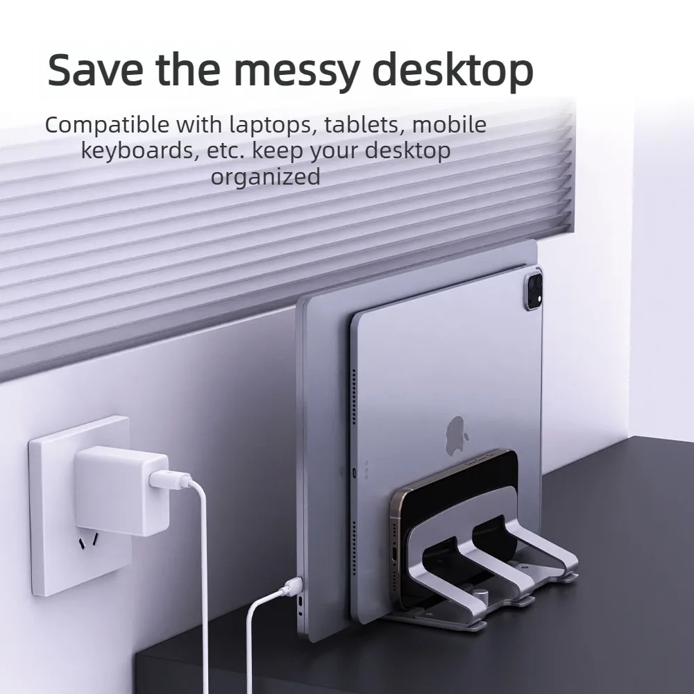 수직형 노트북 스탠드, 조절 가능한 노트북 보관 랙 및 책상 정리대, 여러 기기 보관을 위한 실리콘 패드 홀더