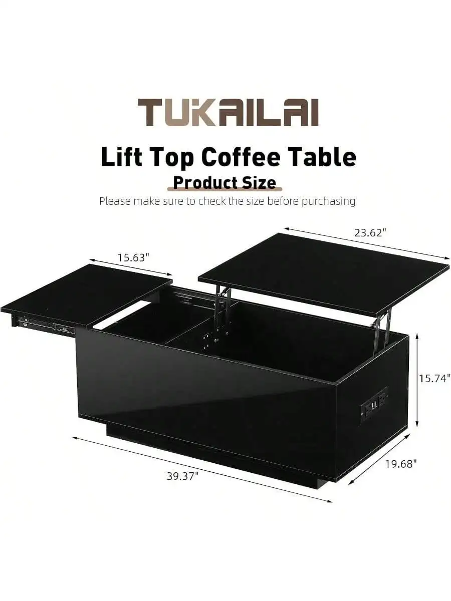 TUKAILAi Coffee Table with LED Lights and Power Strip Lift Tabletop Dining Center Table for Home Living Room Office Blac 3