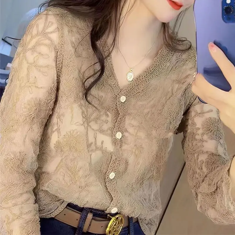 Korean Lace Hollow Out Shirt Women's Clothing Elegant V-Neck Single-breasted Spring Summer Commute Fashion Gauze Straight Blouse
