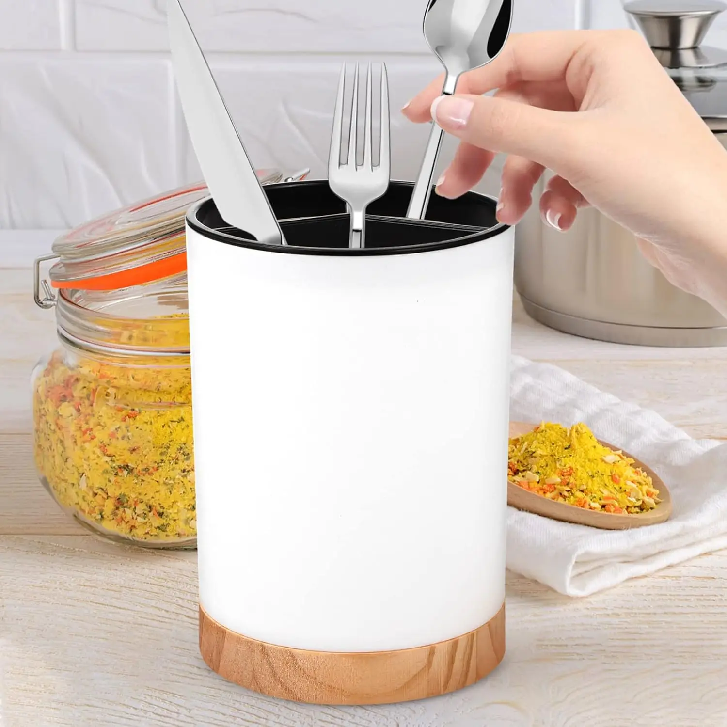 Kitchen Utensil Holder Countertop Multifunction Silverware Organizer Spoon Chopstick Holder Cutlery Storage Drainage Compartment 3