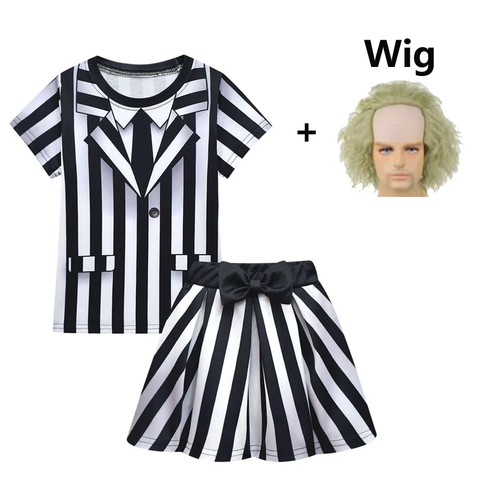 thumbnail image 1 of Nuevo disfraz de BBeetlejuice 2 para niños, disfraz de demonio alborotador, falda plisada y peluca, ropa divertida para Halloween para niños, 1 of 5