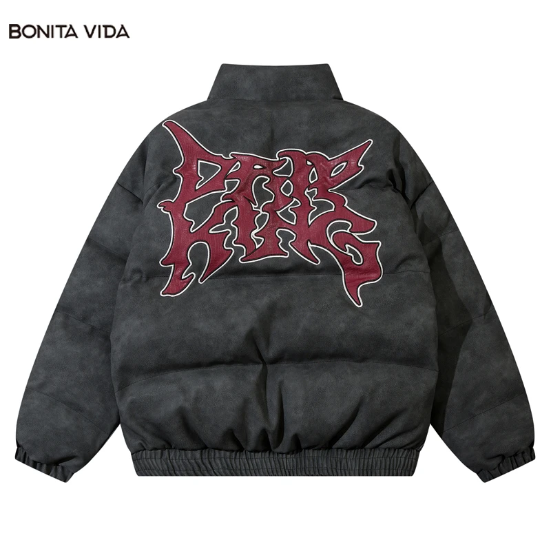 

Vintage Leather Jacket Winter Parkas Men Streetwear Retro Embroidery Letter Thick Warm Padded Waterproof Parka Coats Harajuku