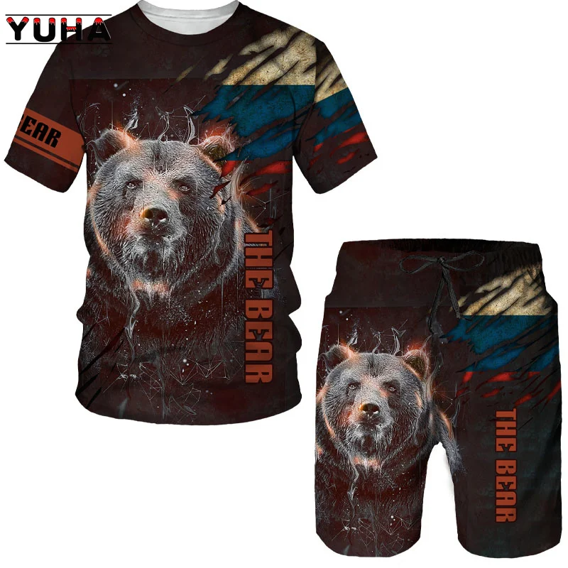 YUHA, Summer  Bear 3D Printed Men's T-shirt Shorts Set Men's Sportswear Tracksuit O Neck Short Sleeve Men's Clothing Suit
