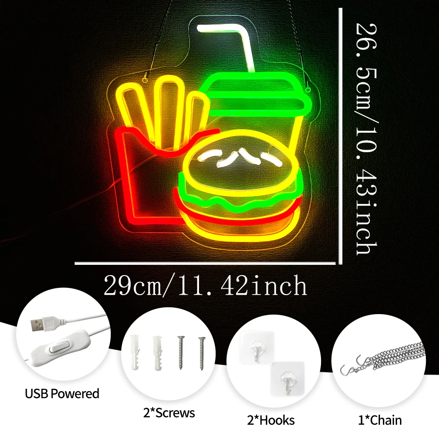 버거, 감자튀김, 콜라 LED 네온사인, USB 전원, 벽 장, 다이너, 스낵바, 버거 가게 창문 장 조명 사인